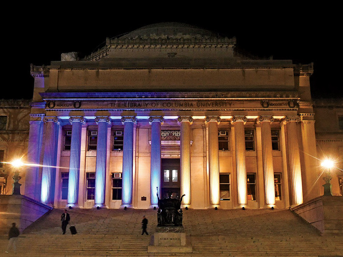 Columbia University Low Library lit with the colors of the Ukraine flag, in March 2022