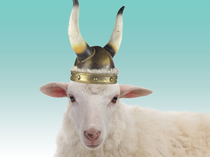 A sheep wearing a viking hat