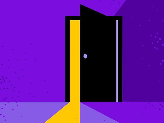 Illustration of a opening door over a purple background
