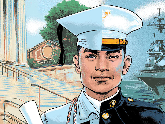 Illustration by Agata Nowicka of a Columbia University student veteran with half of his face and body on campus and the other half in a military setting