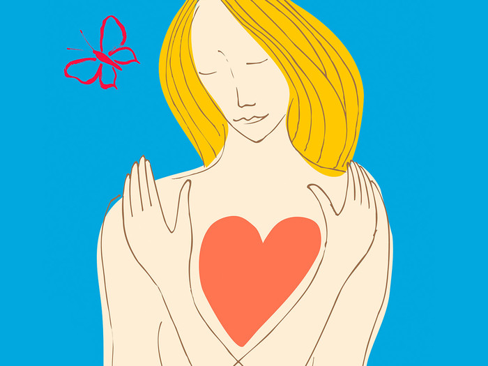 Illustration of female figure with heart on chest