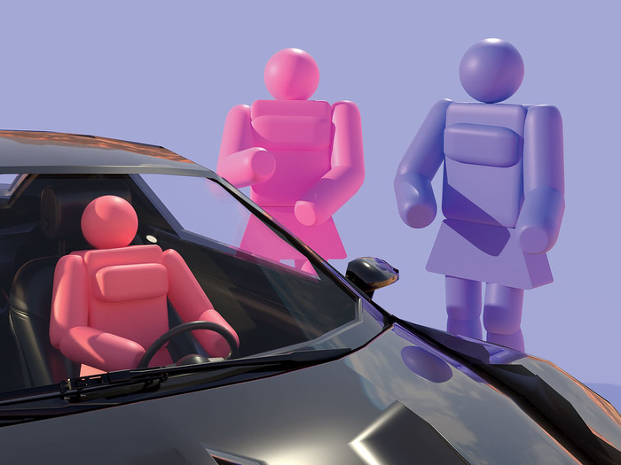 Illustration by Simoul Alva of female crash-test dummies in and around car