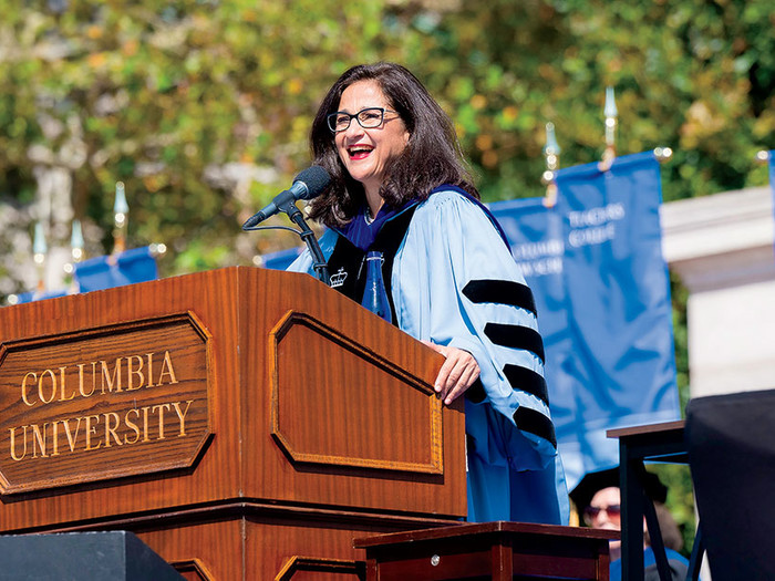 Columbia University president Minouche Shafik speaking at her inauguration in October 2023