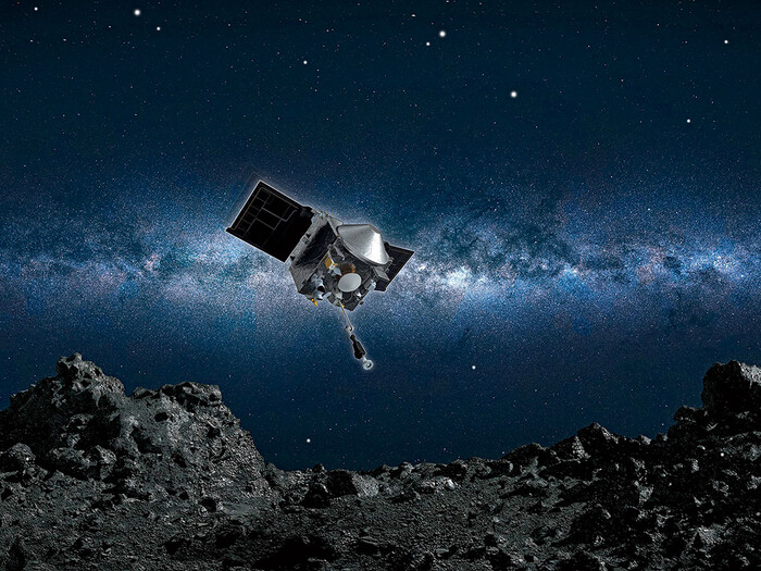 An artist’s conception of NASA’s OSIRIS-REx spacecraft collecting samples from the asteroid Bennu