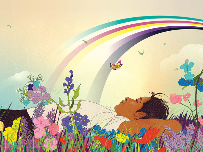 Illustration by Marcos Chin of a young person laying in a field of flowers under a rainbow