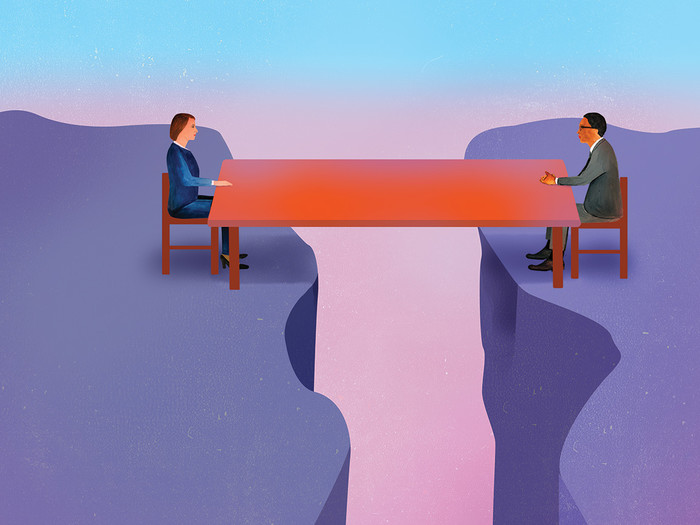 Illustration by Ellen Weinstein of two people sitting across a table