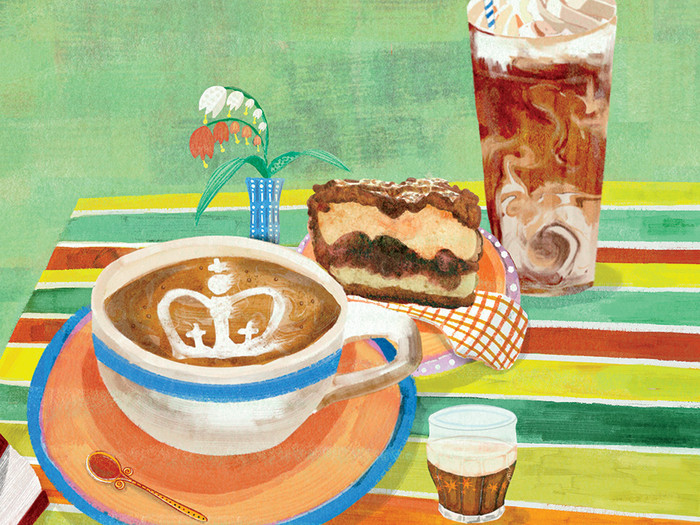 Illustration by Jo Turner of a cup of coffee with a Columbia crown next to coffee cake and espresso drinks