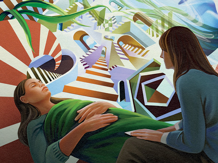 Illustration of a patient undergoing psychedelic therapy by Deena So'Oteh