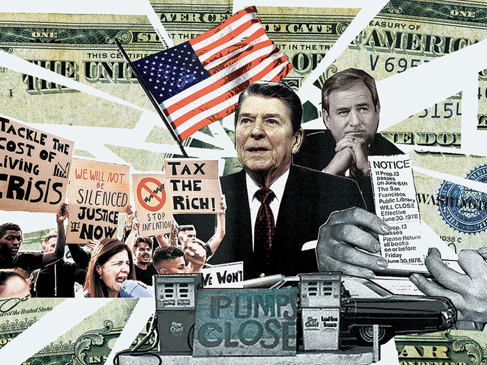 Photo illustration by Elena Lacey featuring Ronald Reagan, dollar bills, and other images related to economics and taxes