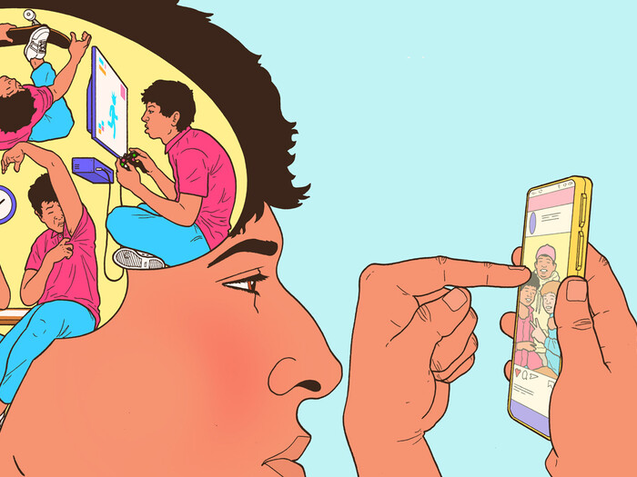 Illustration by Kyle Ellingson of a teenage brain while using social media