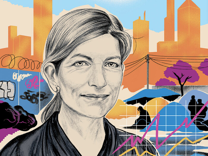 Illustration of Rosanne Haggerty against background depicting urban homelessness, by Agata Nowicka