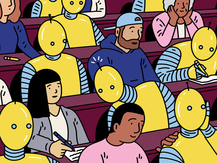 Illustration of robots in a classroom by Sam Island