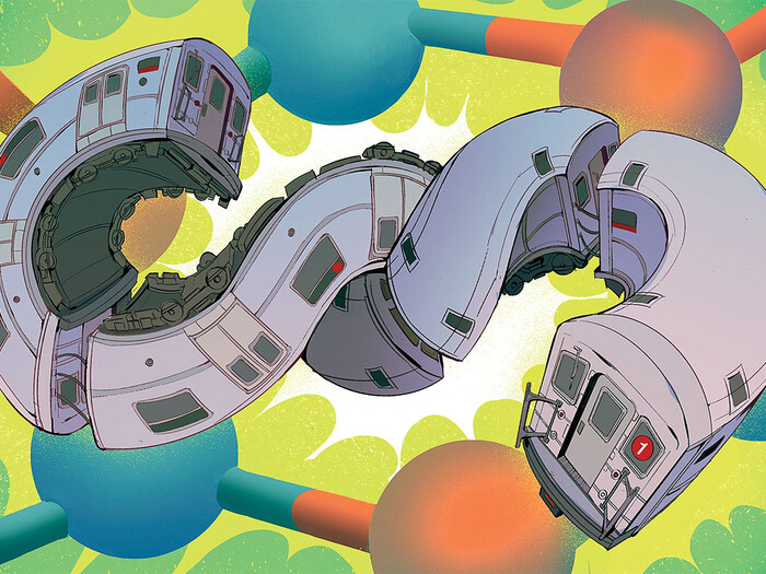 Illustration of the 1 train as a molecule by Andy Kim