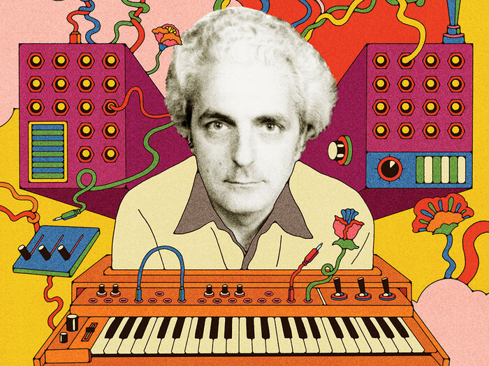 Collage illustration with photo of Robert Moog 