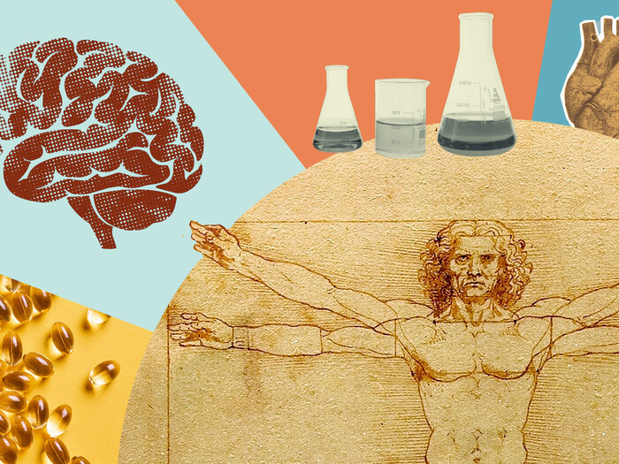 Illustration of Vitruvian Man with health and medical icons