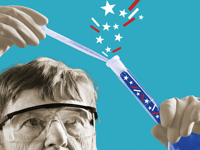 Illustration of a scientist with a red, white, and blue test tube