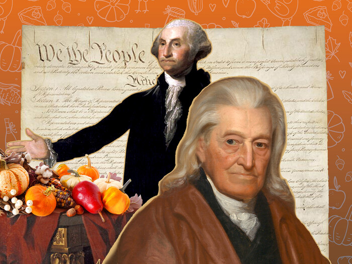 photo-illustration of CU President Johnson and George Washington celebrating Thanksgiving with a huge US Constitution and cornucopia