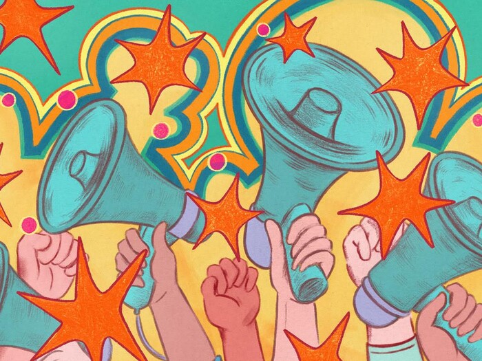 Illustration of activists with megaphones by Phoebe O Chou