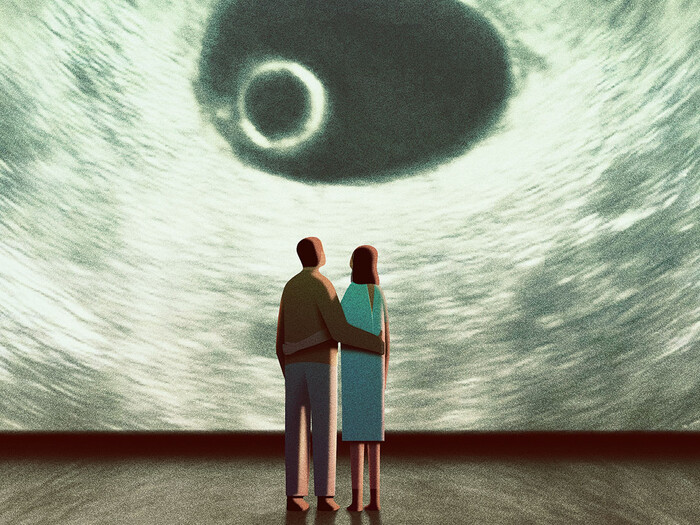 Illustration by Sophi Gullbrants of a couple looking at an embryo 