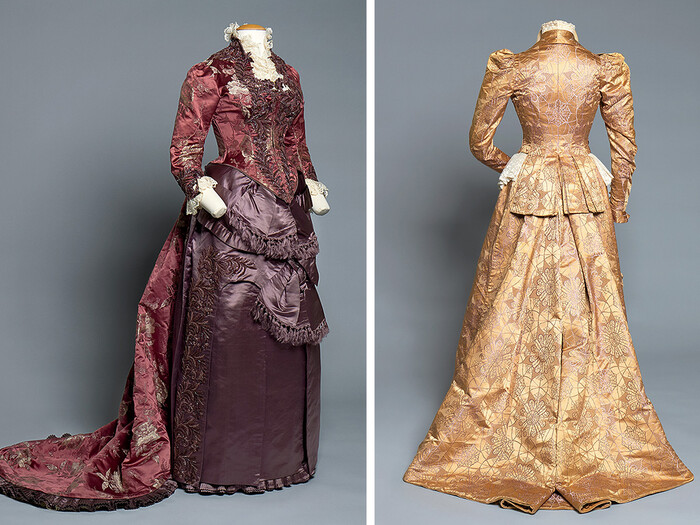 Late-nineteenth-century dresses from the French couturiers Maison Lévilion (left) and House of Worth