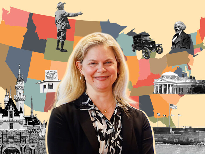Collage of Beverly Gage and USA map with landmarks