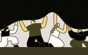 Illustration by Rose Wong of people trying to hold up a giant weight
