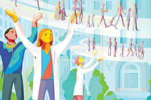Illustration by Lu Zhang of public health being uplifted by researchers
