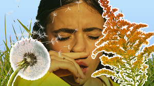 A woman sneezing from pollen 