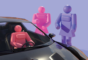 Illustration by Simoul Alva of female crash-test dummies in and around car