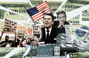 Photo illustration by Elena Lacey featuring Ronald Reagan, dollar bills, and other images related to economics and taxes