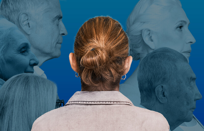 Younger person facing a crowd of older patients