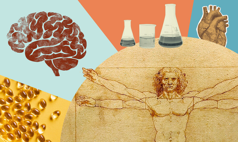 Illustration of Vitruvian Man with health and medical icons