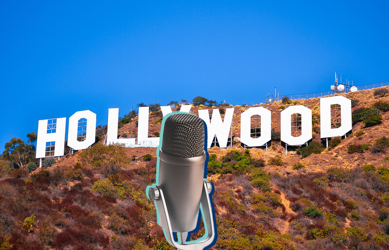 microphone in front of HOLLYWOOD sign