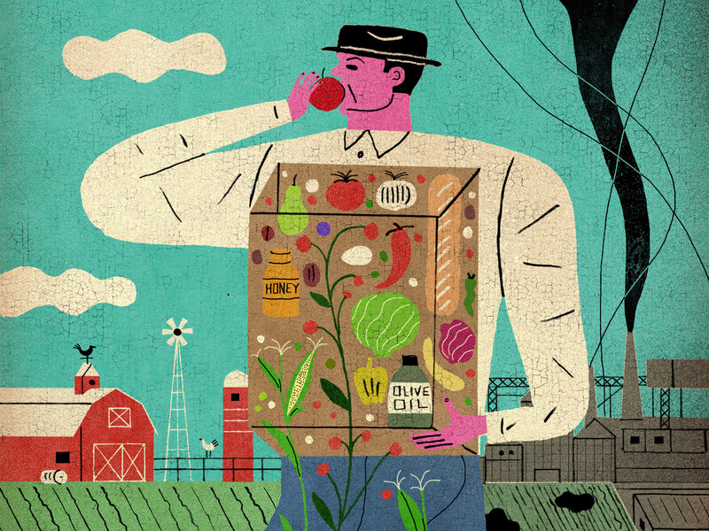 Illustration of a man with a bag of groceries with farmland in background by David Plunkert