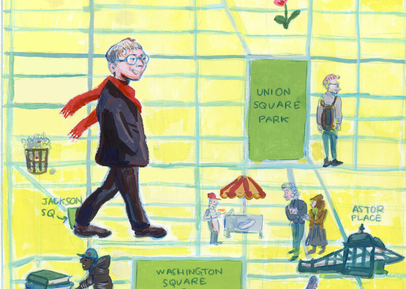 Cartoon of Sigrid Nunez on a map of NYC