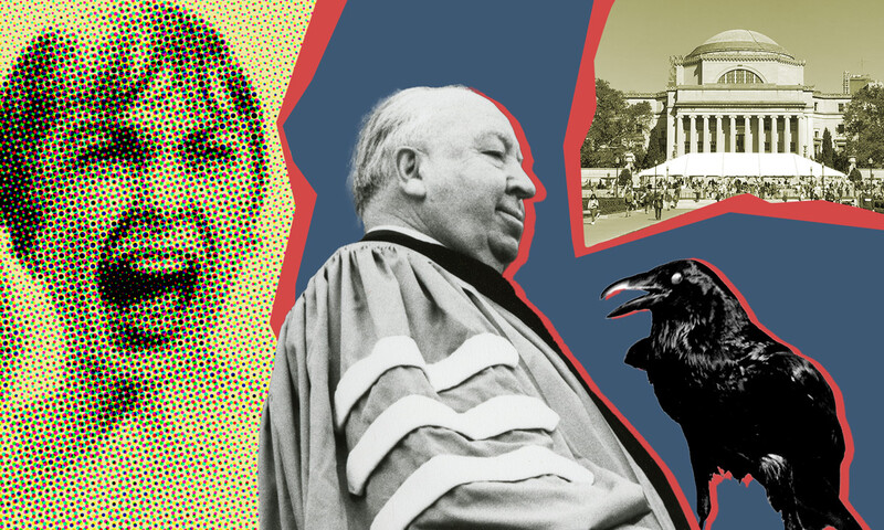 collage of Alfred Hitchcock with movie images and Low Library