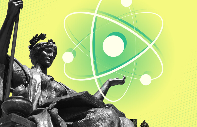 photo-illustration of Alma Mater holding atomic symbol