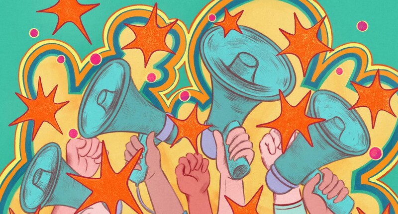 Illustration of activists with megaphones by Phoebe O Chou