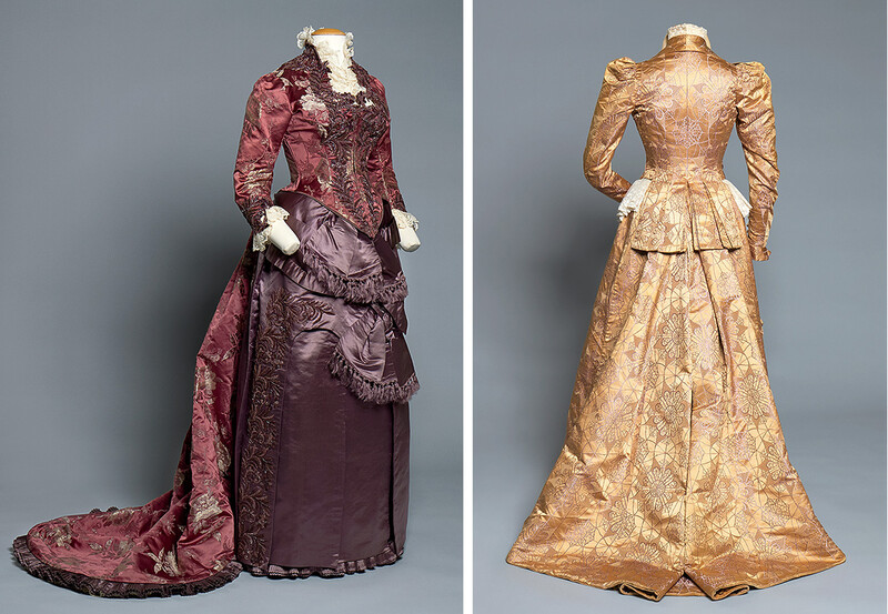 Late-nineteenth-century dresses from the French couturiers Maison Lévilion (left) and House of Worth