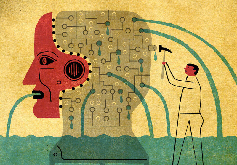 Illustration of a man repairing a robot, by David Plunkert
