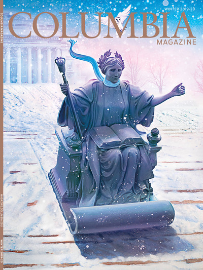 Winter 2019-20 cover of Columbia Magazine, with illustration by Tim O'Brien of Alma Mater statue sledding down Low Library steps