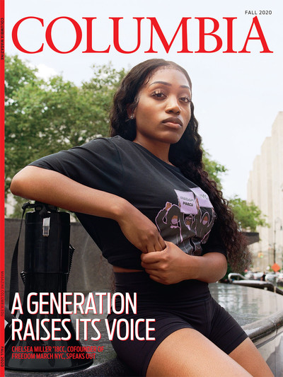 Fall 2020 cover of Columbia Magazine, featuring a portrait of Freedom March NYC cofounder Chelsea Miller, photographed by Myles Loftin