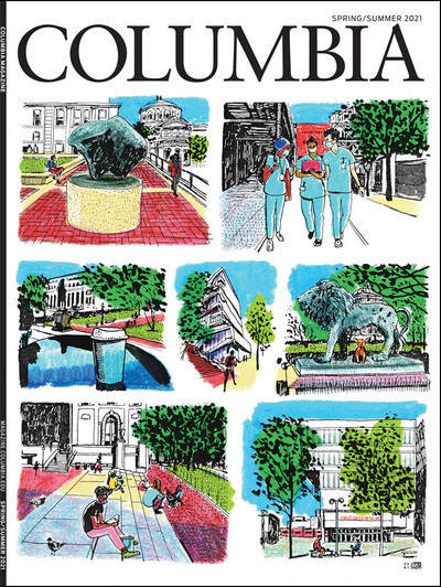 Spring-Summer 2021 cover of Columbia Magazine with illustrations of Columbia campus, by Lauren Simkin Berke