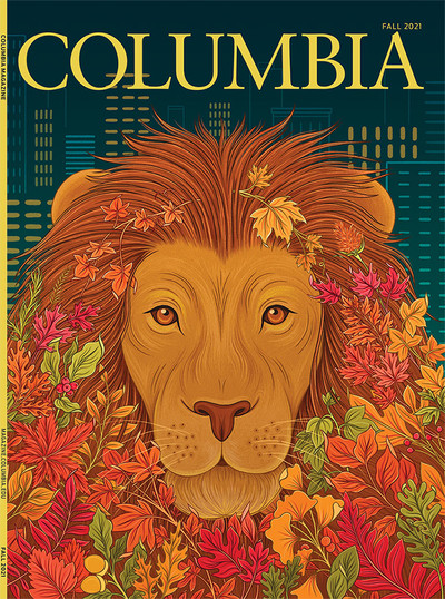 Fall 2021 cover of Columbia Magazine, with illustration by Gaby D'Alessandro of a Columbia University Lion emerging from autumn leaves 