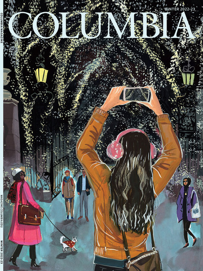 Winter 2022-23 cover of Columbia Magazine, illustration of College Walk at night by Jenny Kroik