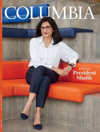 Fall 2023 cover of Columbia Magazine with photo of President Minouche Shafik