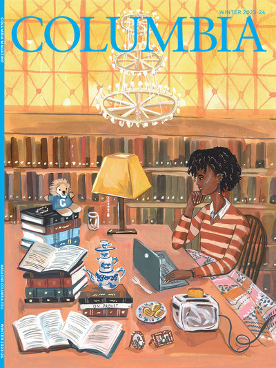 Cover of Columbia Magazine's Winter 2023-24 issue, with illustration of a student in Butler Library by Jenny Kroik