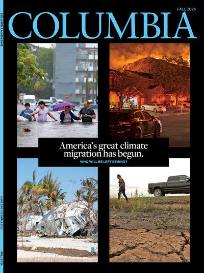 Fall 2024 cover of Columbia Magazine, featuring photos related to climate migration