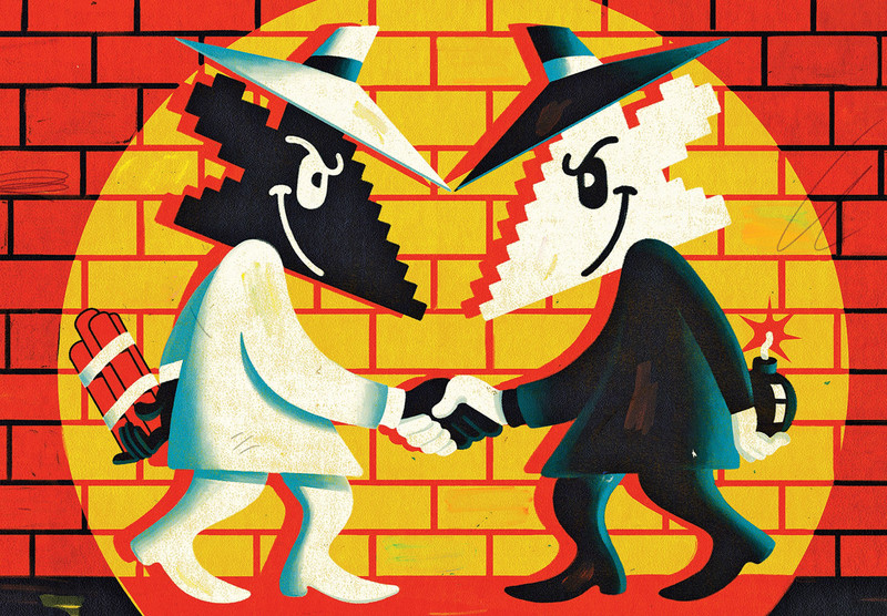 Illustration of anthropomorphized pixels dressed as gangsters and holding explosives behind their backs