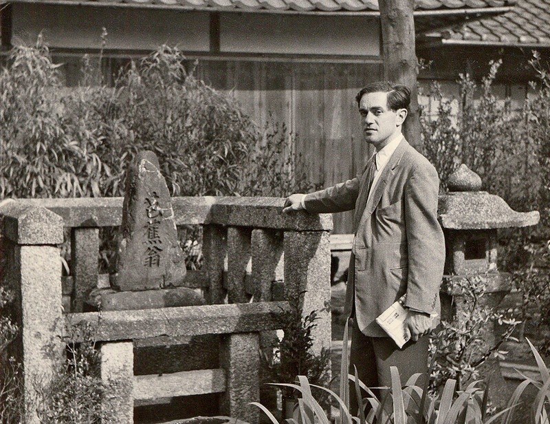 Donald Keene at poet Basho’s tomb in Zeze, Japan, 1955.